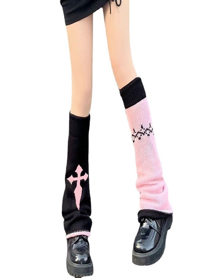 OATSBAS Women Lolita Ribbed Knit Leg Warmer Kawaii JK Japanese Student Stockings Y2K Cross High Bucket (Black-pink) - Image 2